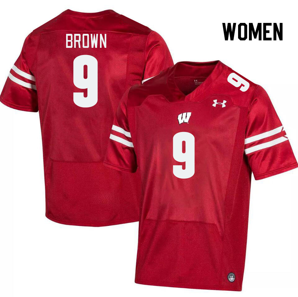 Women #9 Austin Brown Winsconsin Badgers College Football Jerseys Stitched Sale-Red - Click Image to Close